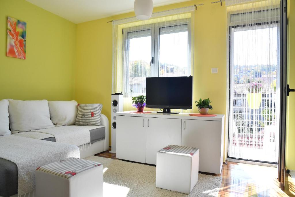 a living room with a couch and a tv at Apartment with free parking Marija in Niš