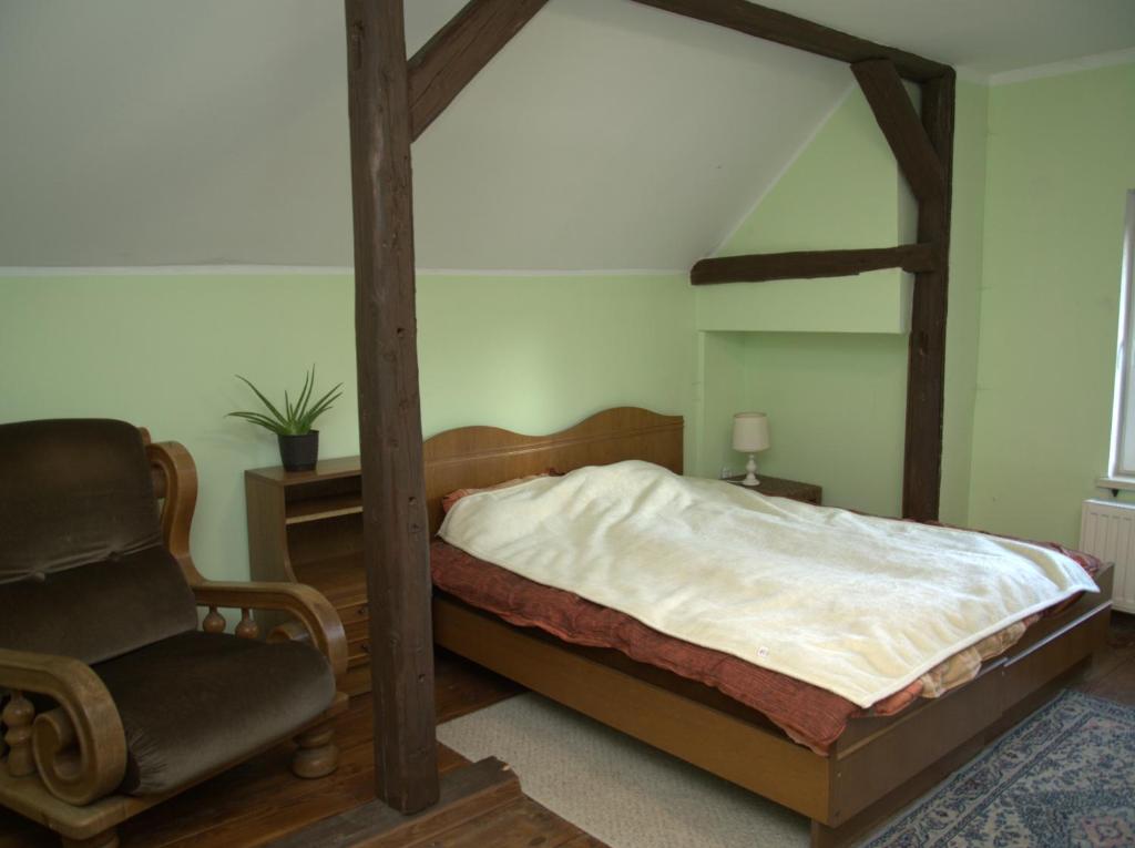 1 dormitorio con cama con dosel y silla en Dziki domek, en Sierpnica