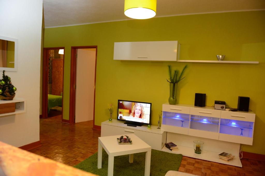 a living room with a tv on a green wall at SEIA Apartamentos Serra da Estrela in Seia