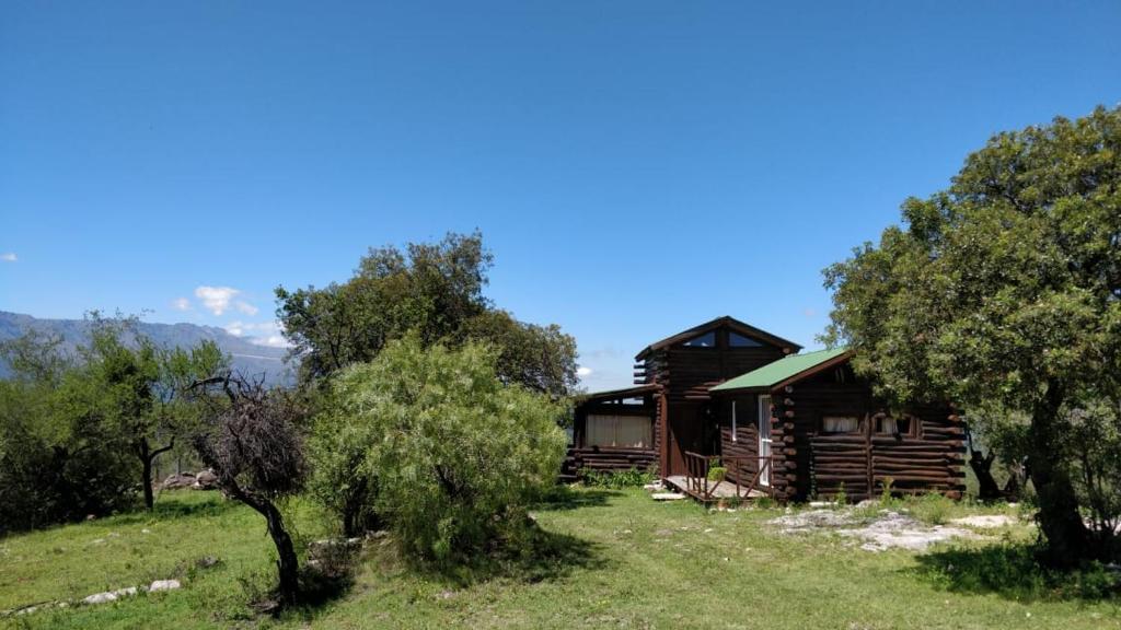 una cabaña de madera con árboles delante de ella en Cabaña de Troncos en la montaña en Mina Clavero