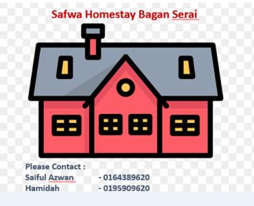 un dessin d'une maison rouge avec les mots sauna homesteadasy bacon perle dans l'établissement Safwa Homestay Bagan Serai, à Bagan Serai