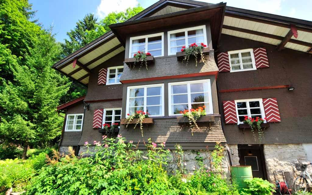 a brown house with flower boxes on the windows at Haus Bürgle in Bad Hindelang