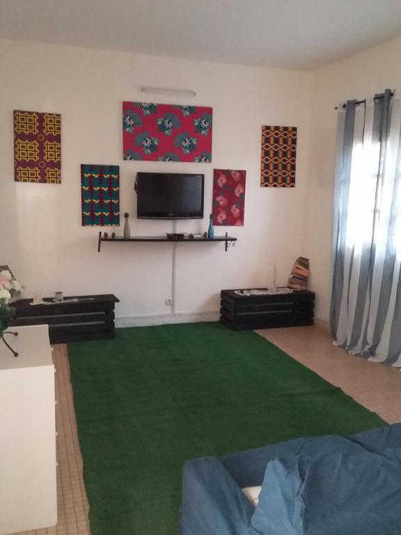a living room with a green rug and a tv at LOGEMENT DE 2 SYMPATIQUES PIECES in Ouakam