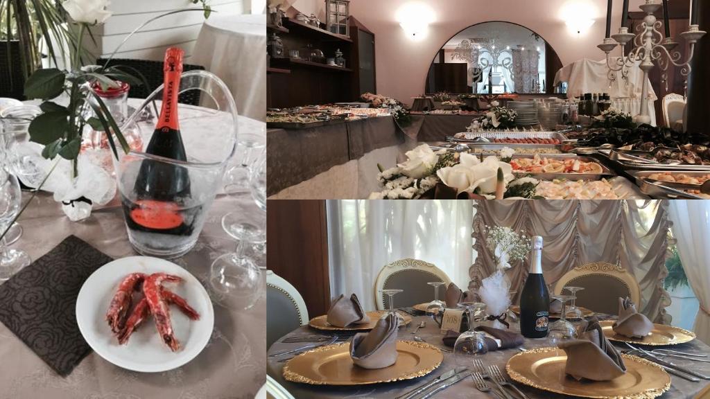 un collage di foto di una tavola con cibo e vino di Hotel Donatella Pinarella a Cervia