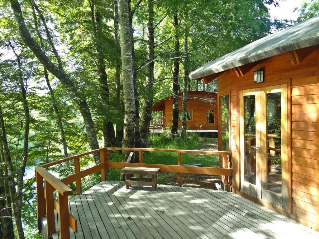 una cabaña en el bosque con un banco en una cubierta en Patagonia Mawida, en Neltume