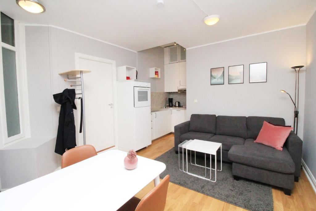 sala de estar con sofá y cocina en Nordic Host - City Center 2 Bed / 2 Bath - Skippergata - 3 minutes from station, en Oslo