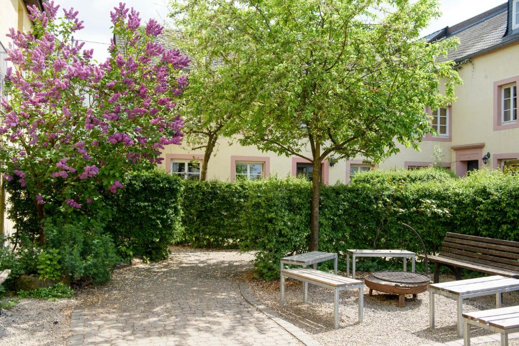 a park with benches and trees and purple flowers at Nengshof Ferienwohnungen Mohnblume und Kornblume in Wißmannsdorf