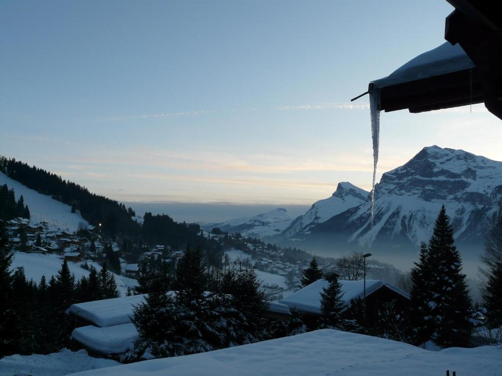 uitzicht op een met sneeuw bedekte berg in de verte bij Grangettes in Les Carroz d'Araches