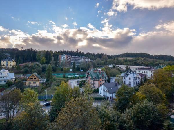 - une vue sur une ville avec une rivière et des maisons dans l'établissement Apartamenty Lawendowe, à Krynica-Zdrój