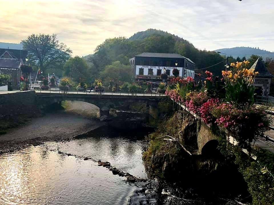 uma ponte sobre um rio com flores em Au sommet de la cascade em Stavelot