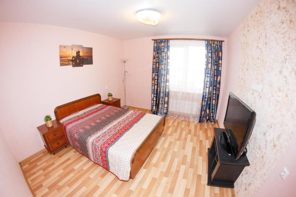 ニジニ・ノヴゴロドにあるApartment "Chayka House" on Volzhskoy Naberezhnoy 25のベッドルーム(ベッド1台、薄型テレビ付)