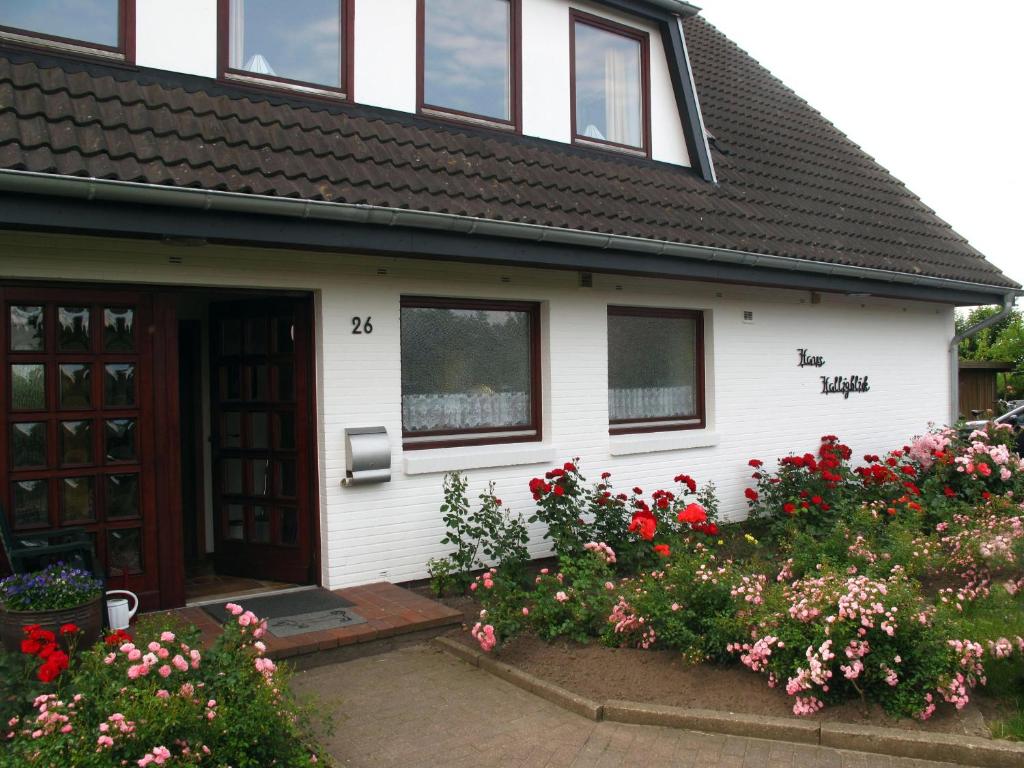 uma casa branca com flores à frente em Haus-Halligblick-Ferienwohnungen-am-Meer em Dagebüll
