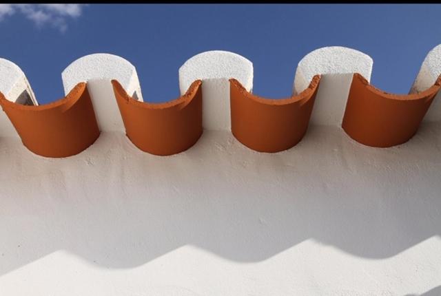 uma fila de chapéus castanhos e brancos no topo de um edifício em Casa da Matriz em Vidigueira