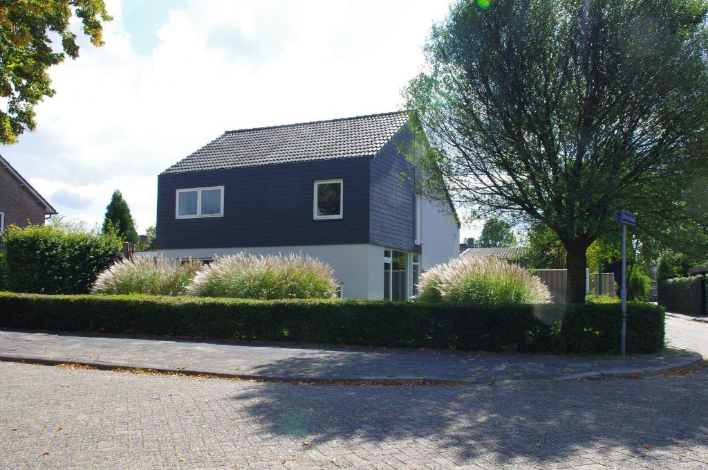 ein blau-weißes Haus mit einem Baum und Büschen in der Unterkunft Halte 7 in Kaatsheuvel