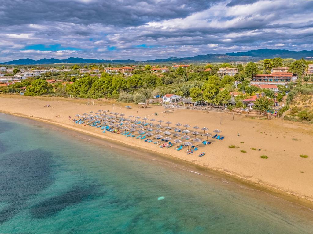 uma vista aérea de uma praia com guarda-sóis e do oceano em Coral Blue Beach Hotel Gerakini em Gerakini