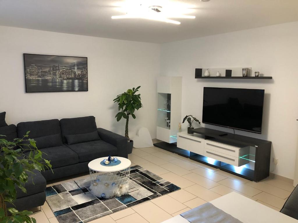 sala de estar con sofá y TV de pantalla plana en Ferienwohnung Holiday Home mit Netflix en Herbolzheim