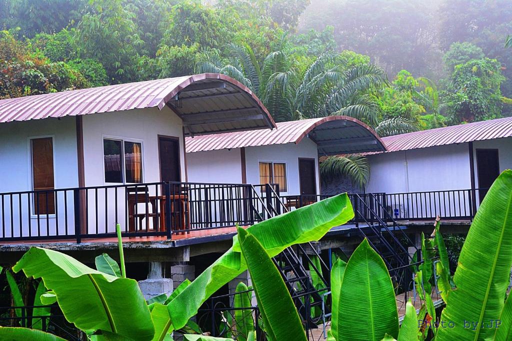 a house in a forest with plants in front of it at Khaosok River Camp in Khao Sok