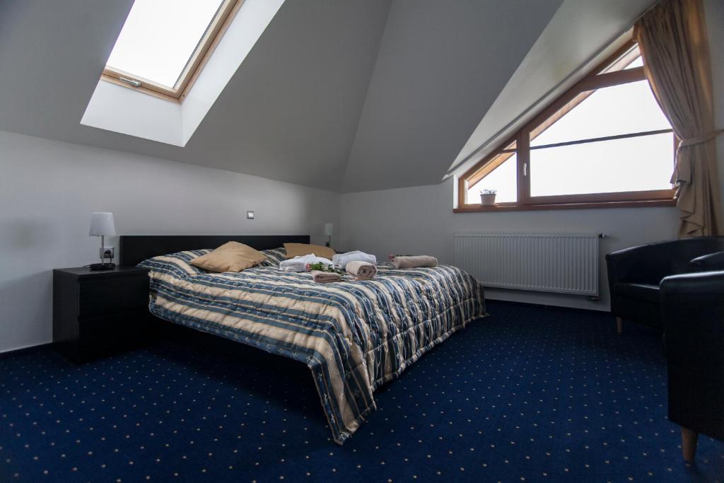 Rúm í herbergi á Hotel Krušnohorský Dvůr