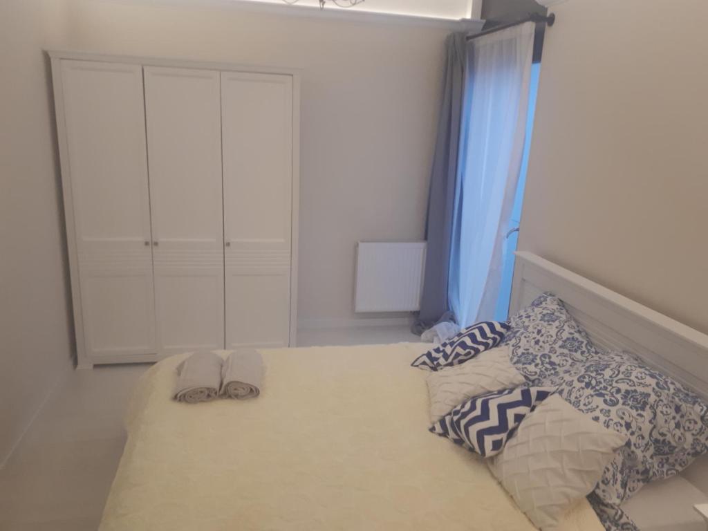 ティヒにあるRegina Luxury Apartamentのベッド1台(枕付)、クローゼットが備わる客室です。