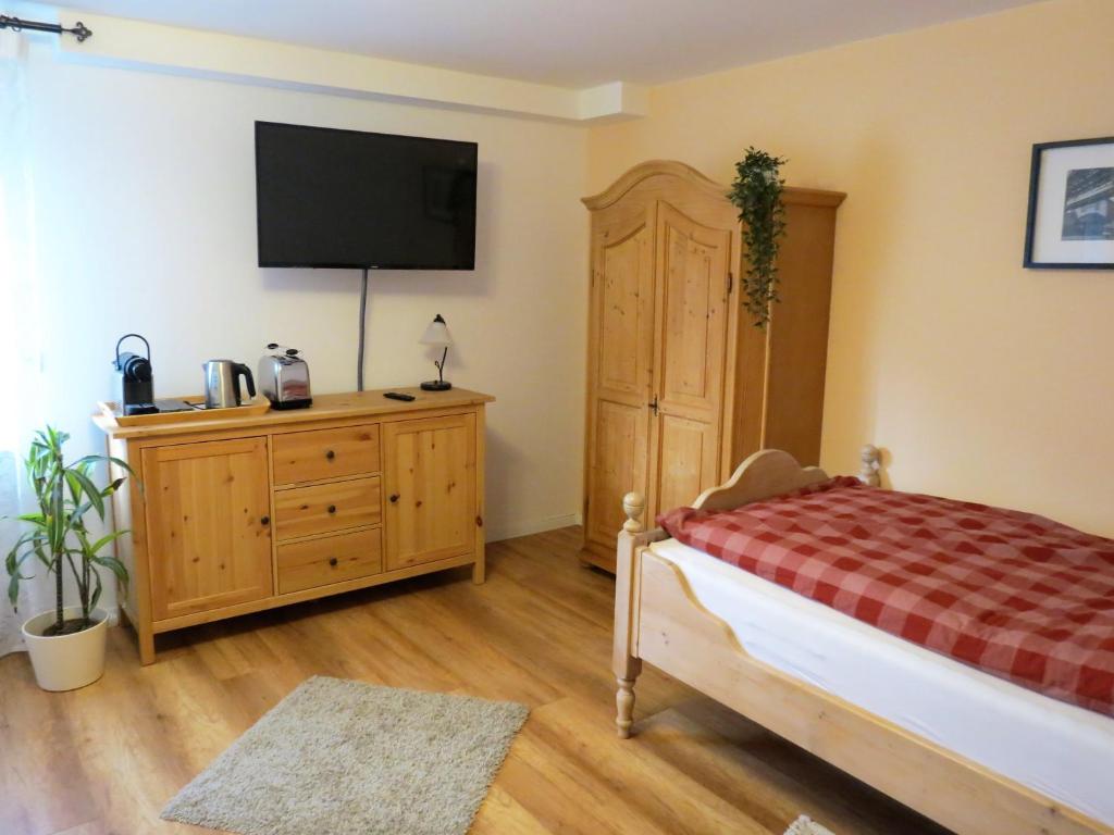 ein Schlafzimmer mit einem Bett und einem TV auf einer Kommode in der Unterkunft Gästehaus Schönenberg in Wuppertal