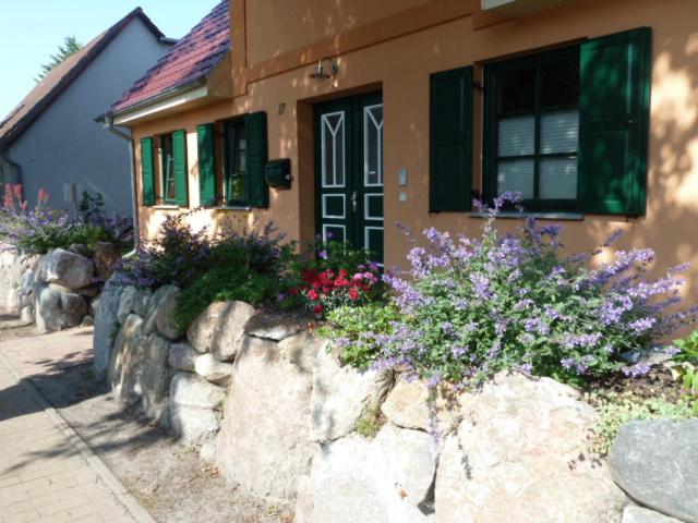 a house with flowers in front of a stone wall at Ferienwohnung Thum in Wustrow