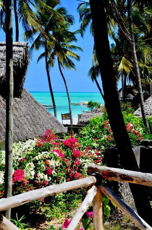 a garden with flowers and palm trees and the ocean at Amka Guest house in Jambiani