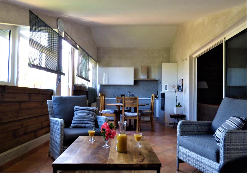 Il comprend un salon avec une table et des chaises ainsi qu'une cuisine. dans l'établissement Bel appartement spacieux, à Étang-Salé les Bains