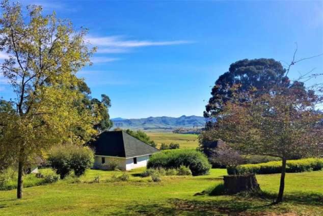 a house in the middle of a field with trees at Pear Tree Cottage-Underberg in Underberg