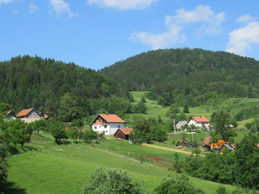 een dorp in de heuvels met een berg bij Planinski Mir in Zaovine