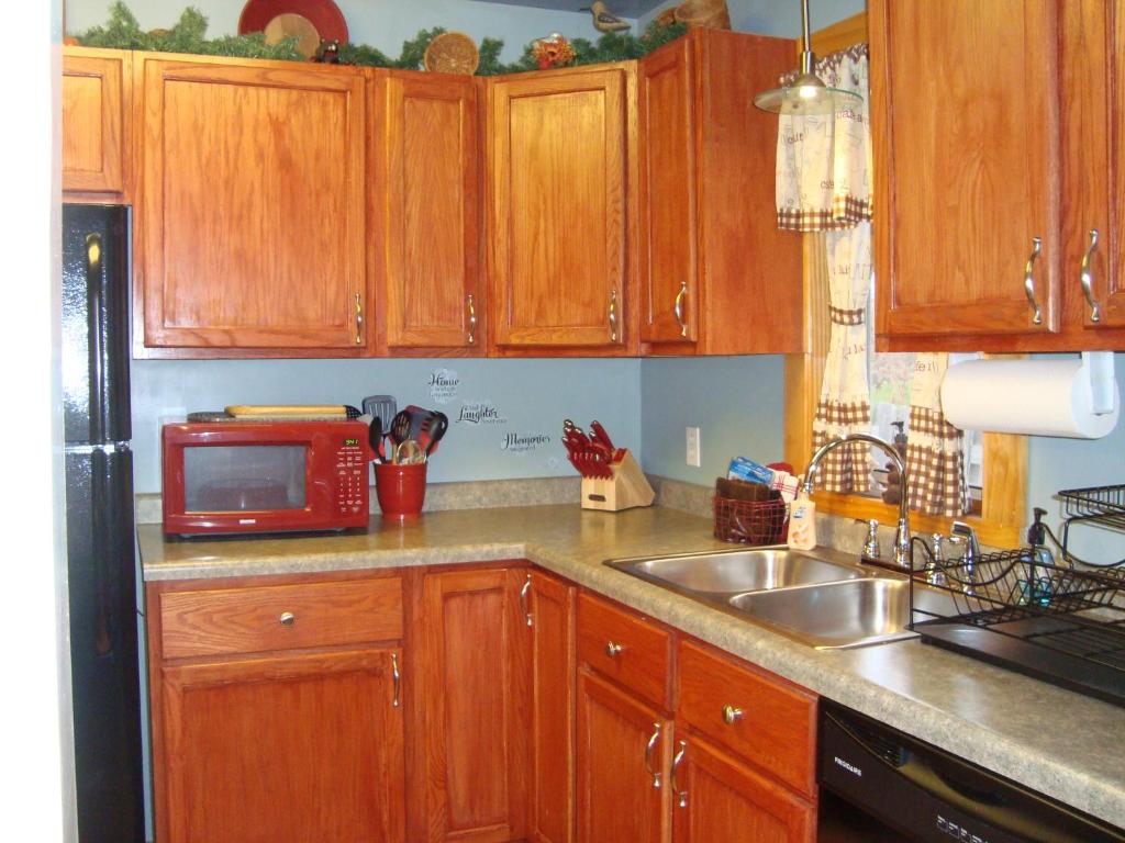 a kitchen with wooden cabinets and a microwave and a sink at The Bear Den in Ironwood