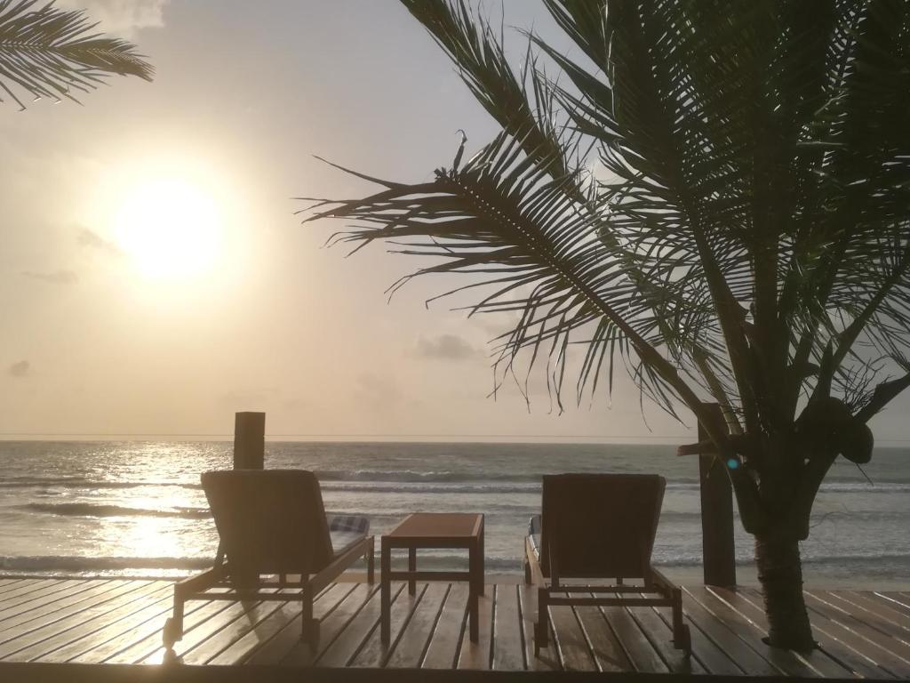 2 Stühle und ein Tisch und eine Palme am Strand in der Unterkunft Carneiros Paradiso in Praia dos Carneiros