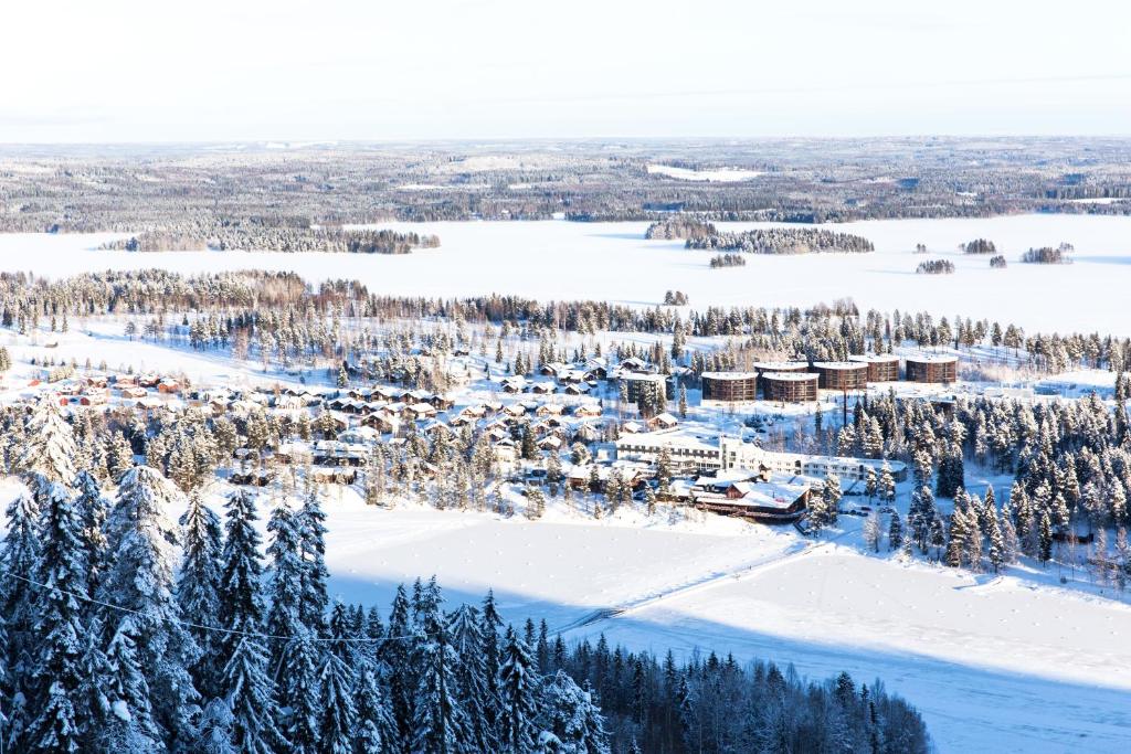 an aerial view of a town in the snow at Tahko Spa Hotel in Tahkovuori
