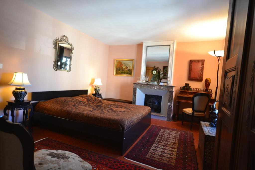 ユゼスにあるAu Gré Du Voyageのベッドルーム(ベッド1台、暖炉、デスク付)