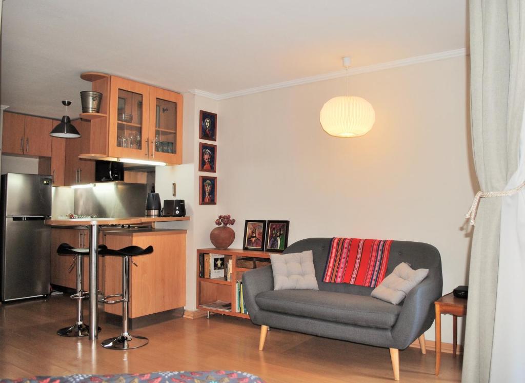 sala de estar con sofá y cocina en Studio Apartment En Providencia, en Santiago