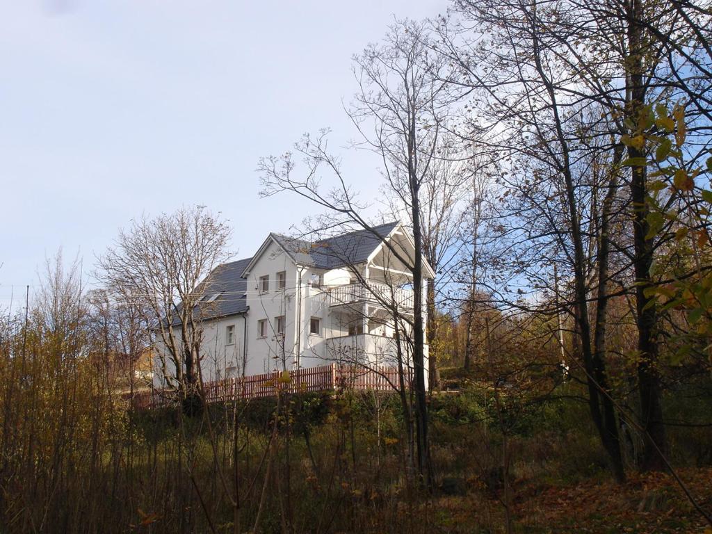 una gran casa blanca en una colina con árboles en Villa Panorama, en Mirsk