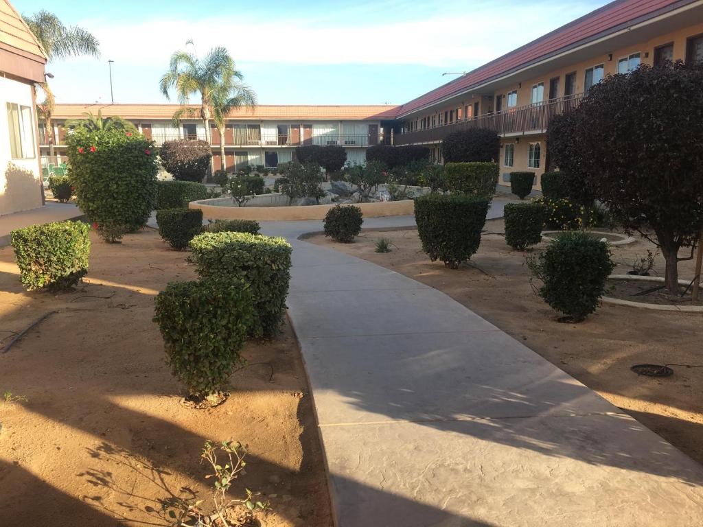 Budget Lodge San Bernardino في سان برناردينو: مبنى به ساحة مع شجيرات وممشى