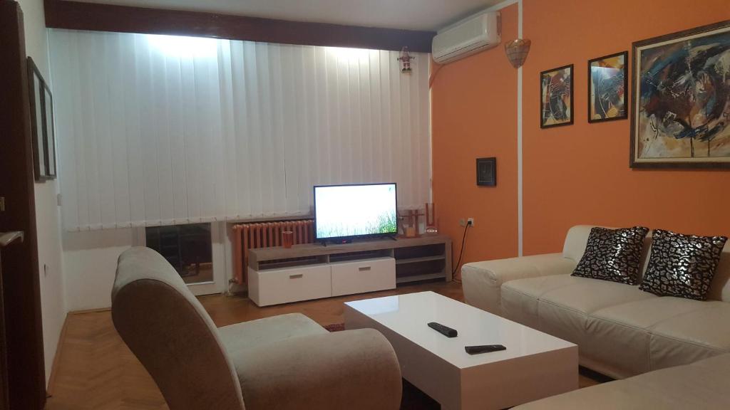 a living room with a couch and a tv at Shangri La Residence in Niš