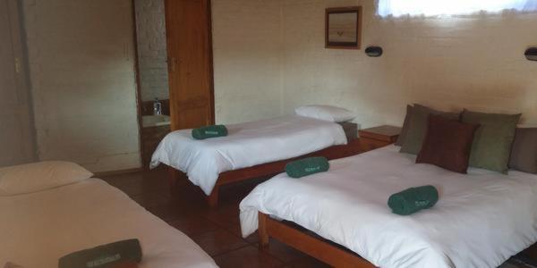 a room with three beds with green pillows on them at Old Transvaal Inn Accommodation in Dullstroom