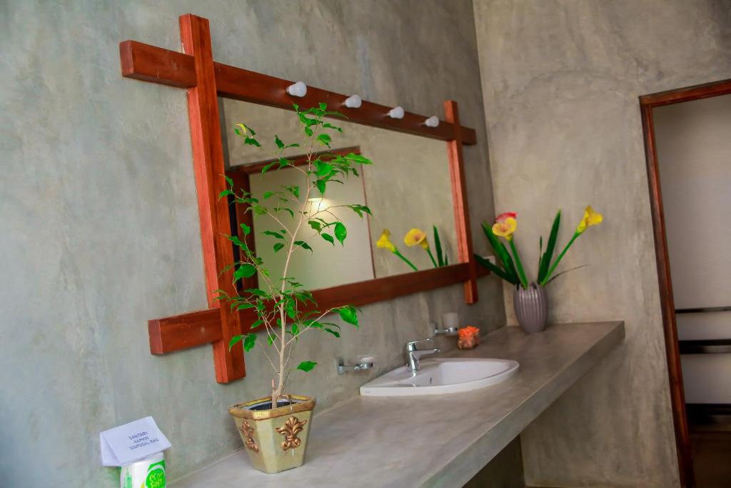 a bathroom with a sink and a mirror and a plant at Kurumba Villas in Bentota