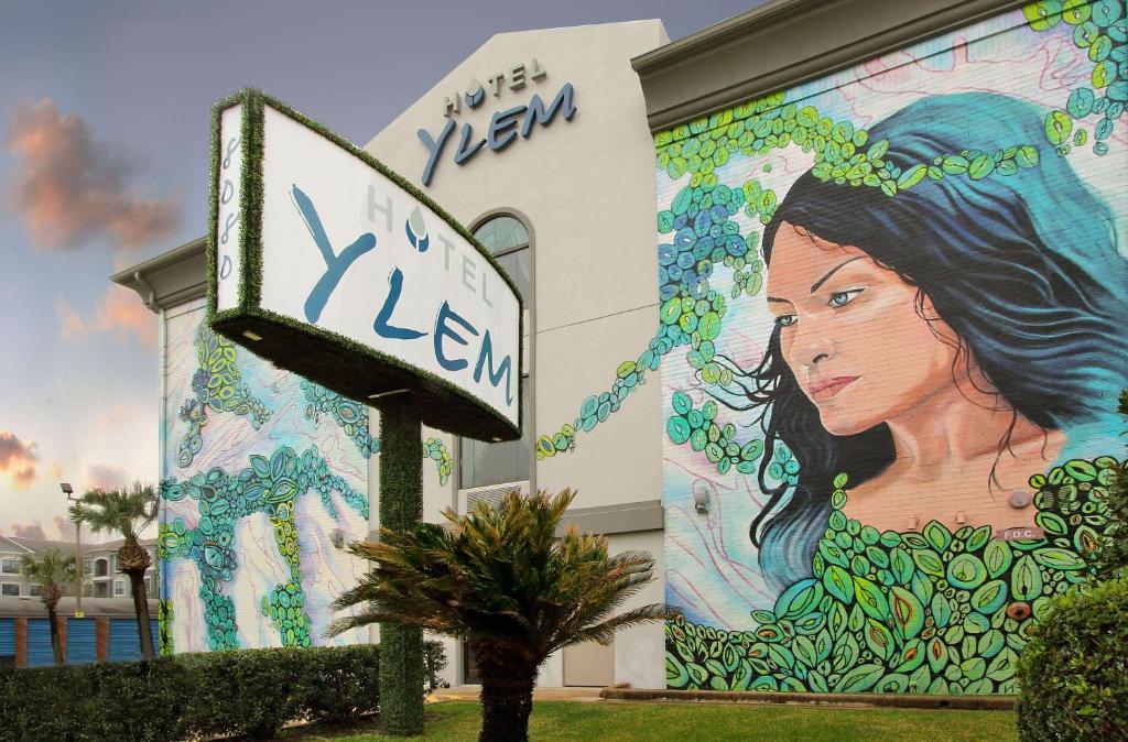 een muurschildering van een vrouw aan de zijkant van een gebouw bij Hotel Ylem in Houston