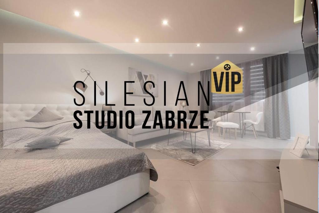 1 dormitorio con 1 cama y 1 mesa con sillas en Studio Silesian Vip, en Zabrze