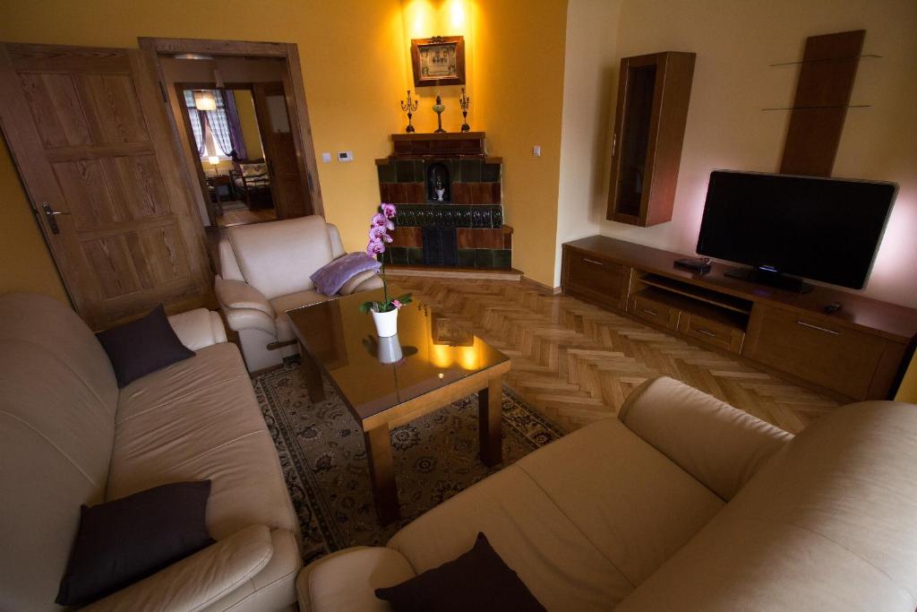 - un salon avec deux canapés et une télévision dans l'établissement Apartamenty Centrum, à Szklarska Poręba