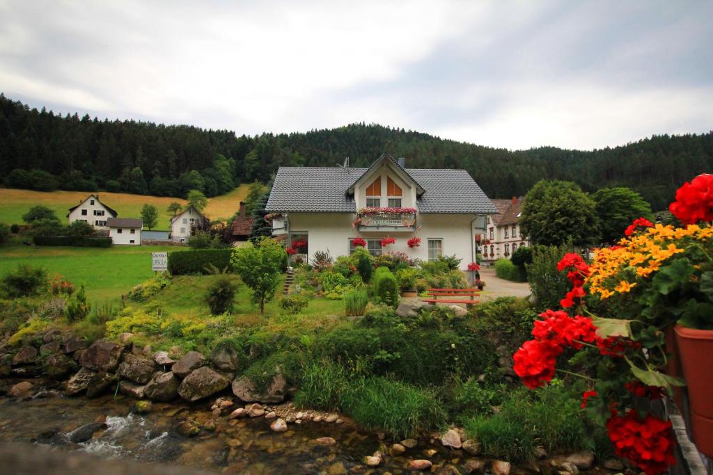 a house on a hill with flowers in the foreground at Gästehaus Ursula in Hornberg