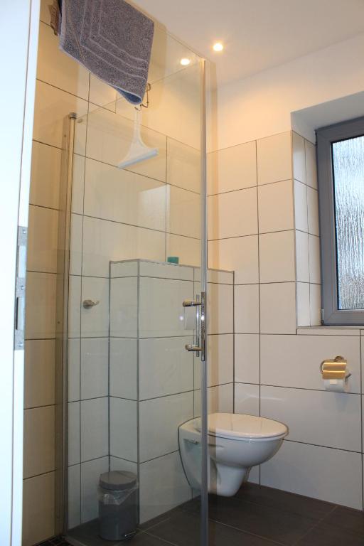 a bathroom with a glass shower with a toilet at FeWo an der Ostsee Nr. 5 in Rerik