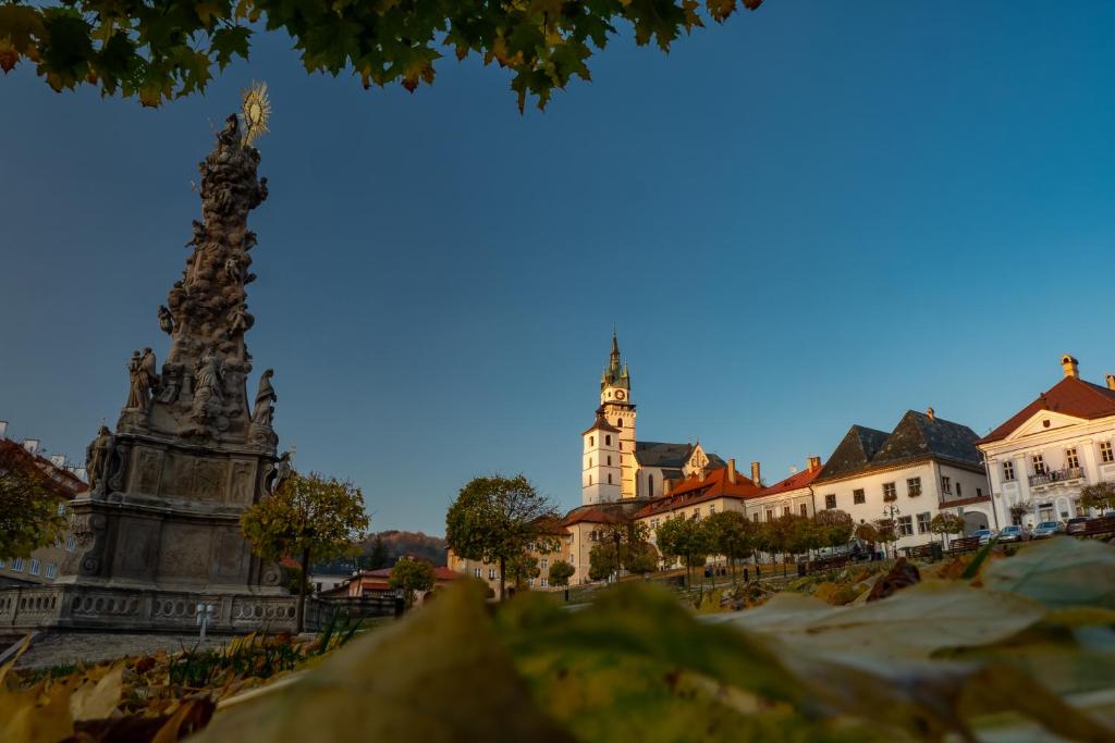 a statue in front of a building with a clock tower at Apartmany Zechenterova in Kremnica
