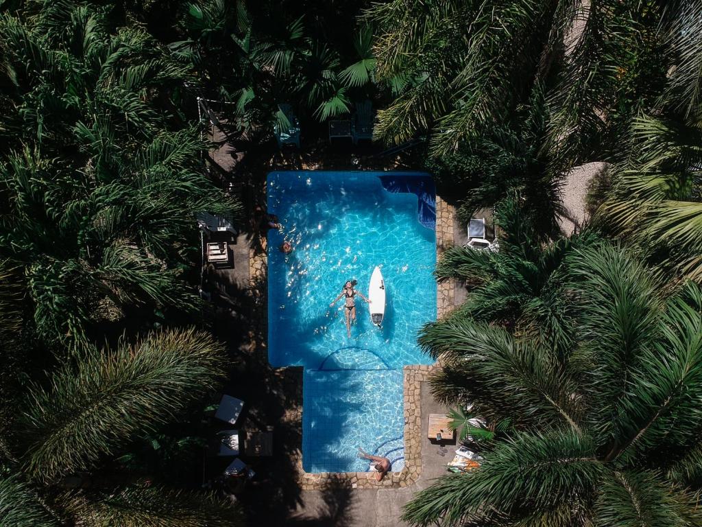 an overhead view of a swimming pool with palm trees at Zula Inn Aparthotel in Santa Teresa Beach