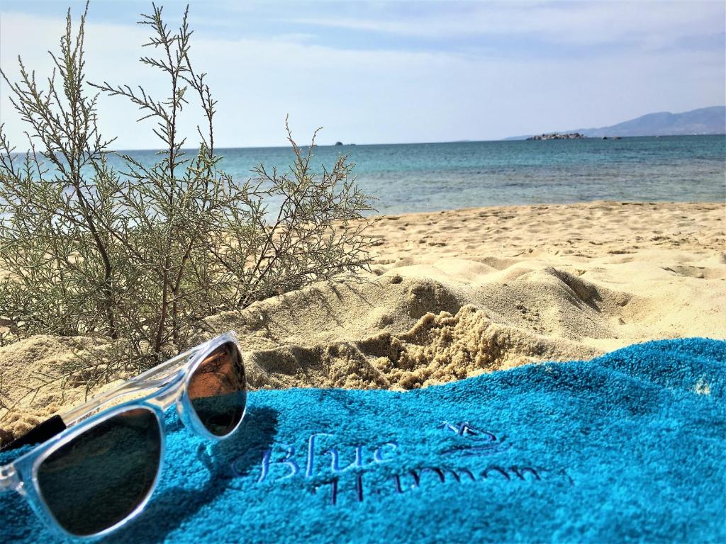 a pair of sunglasses sitting on a towel on the beach at Blue Harmony Apartments in Plaka