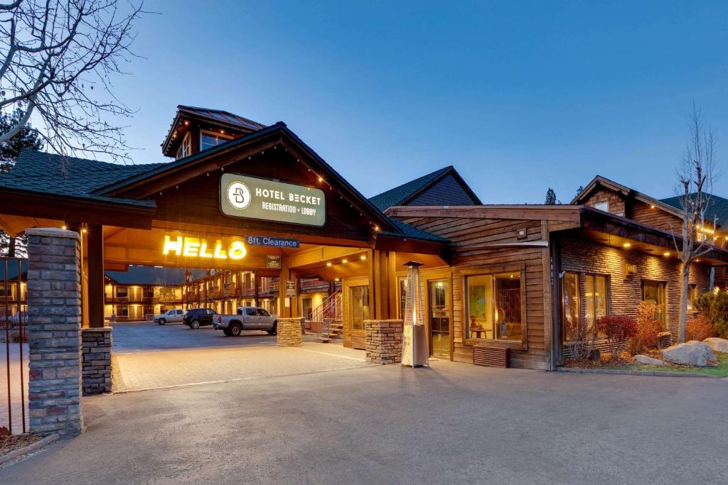 a building with a mexia sign on the front of it at Hotel Becket in South Lake Tahoe