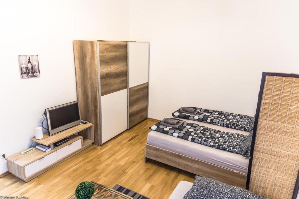 ウィーンにあるGorgeous Flat only 15 min to centerのベッド1台とテレビが備わる小さな客室です。