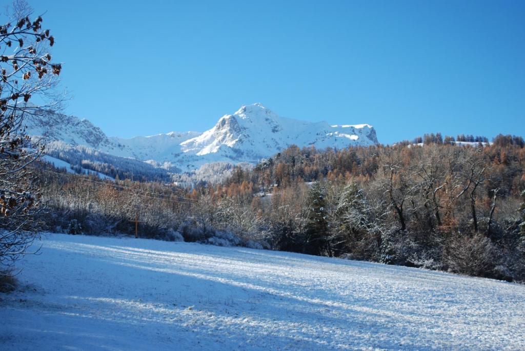 a snow covered field with a mountain in the background at Le Clos Du Berger in Le Sauze